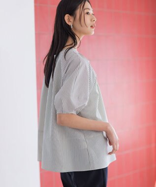 組曲 【前後着用可】ソフトサッカーラグランスリーブ ブラウス エクリュ×ネイビーストライプ系1