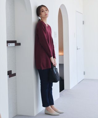 Tiaclasse L 【洗える】キーネックラメニットチュニック ワインレッド
