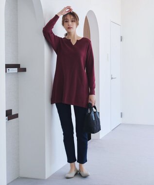 Tiaclasse L 【洗える】キーネックラメニットチュニック ワインレッド