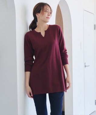 Tiaclasse L 【洗える】キーネックラメニットチュニック ワインレッド