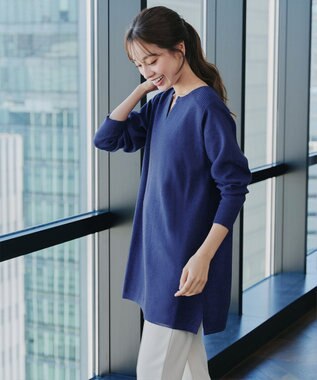 Tiaclasse L 【洗える】キーネックラメニットチュニック ブルー