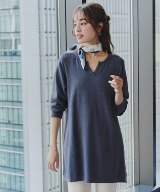Tiaclasse L 【洗える】キーネックラメニットチュニック ネイビー