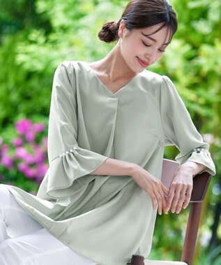 Tiaclasse 【洗える】タックフレアパール付き袖チュニックブラウス ミント