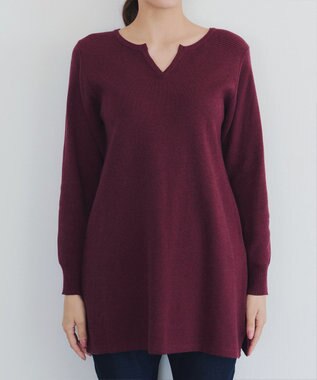 Tiaclasse L 【洗える】キーネックラメニットチュニック ワインレッド