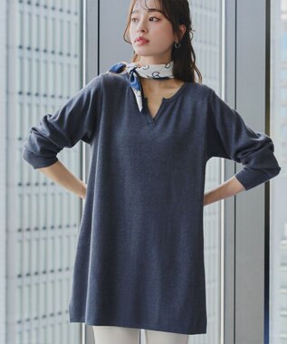 Tiaclasse L 【洗える】キーネックラメニットチュニック ネイビー