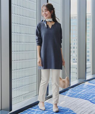 Tiaclasse L 【洗える】キーネックラメニットチュニック ネイビー