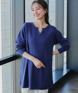 Tiaclasse L 【洗える】キーネックラメニットチュニック ブルー
