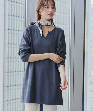 Tiaclasse L 【洗える】キーネックラメニットチュニック ネイビー