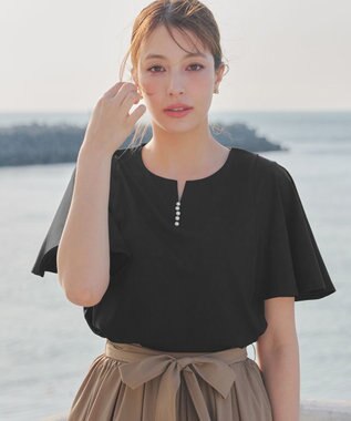 Tiaclasse 【洗える】ブラウス見えフレアスリーブカットソー ブラック