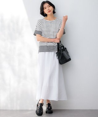 23区 【洗える】ランダムボーダー ドルマン カットソー オフ×ブラックボーダー