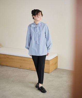 #Newans 【洗濯機可】ステッチデザインリボンタイブラウス ネイビーストライプ