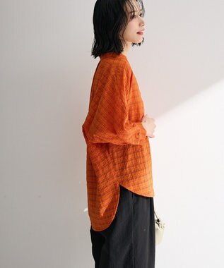 Green Parks シアーチェック７分袖シャツ Orange