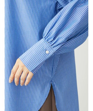 Green Parks イージーケアスタンドフリルシャツチュニック Stripe Blue
