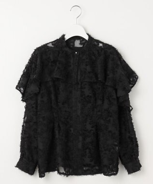 Feroux 【洗える】ジャカードフリルブラウス ブラック系