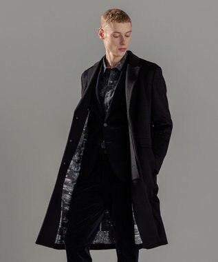 JOSEPH HOMME グロッシーウール 　チェスターコート　＜裏地：フォトコラージュプリント＞ ブラック系