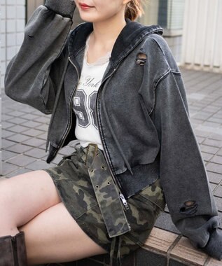 WEGO ダメージショートジップパーカー ブラック