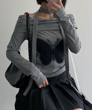 WEGO ストール付きバタフライオフショルトップス グレー