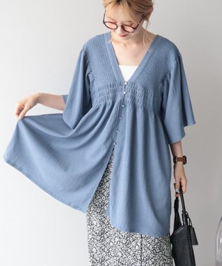AMERICAN HOLIC 【先行予約】【WEB限定】主役級ラク映え：前後2WAY Vネックシャーリングチュニックブラウス Blue