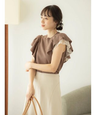 earth music&ecology レースドッキングフリルニットプルオーバー Mocha