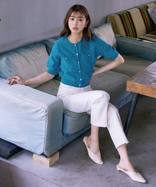 Tiaclasse 【洗える】鹿の子柄ニットショートカーディガン ブルー