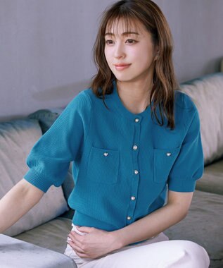 Tiaclasse 【洗える】鹿の子柄ニットショートカーディガン ブルー