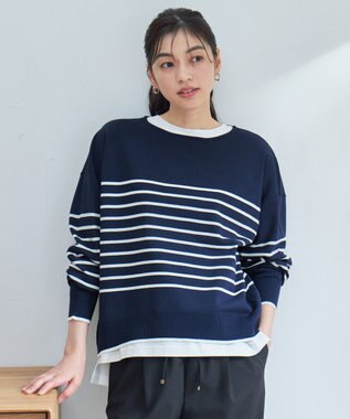 ANY バスクボーダーニットプルオーバー ネイビー×オフボーダー