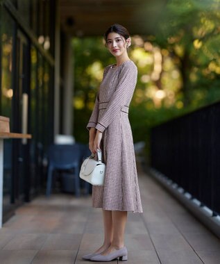 Tiaclasse L 【洗える】ツイード配色フレアワンピース ピンク