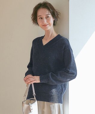 自由区 L 【洗える】スパングルニット Vネックニット ネイビー系