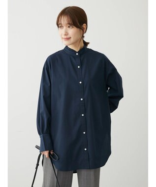 Green Parks イージーケアスタンドフリルシャツチュニック Navy