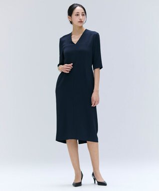 BEIGE， 【洗える・L-size】CINDY / Vネックハーフスリーブワンピース Navy x Black