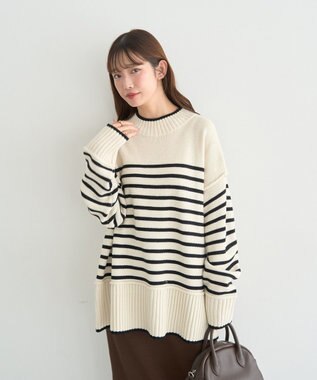 earth music&ecology 【毛玉防止 / 洗濯機洗い可】アンチピリングモックネックバックスリットニット Border Ivory