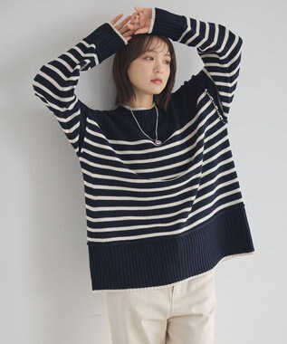 earth music&ecology 【毛玉防止 / 洗濯機洗い可】アンチピリングモックネックバックスリットニット Border Navy