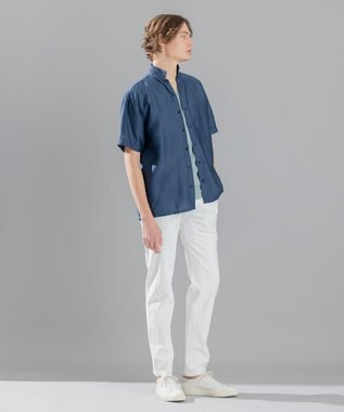 JOSEPH HOMME ストレッチマイヤー　ウイングカラー半袖シャツ ダルブルー系