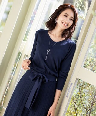 Tiaclasse L 【洗える】1枚で着映えするチェック柄編みニットワンピース ネイビー