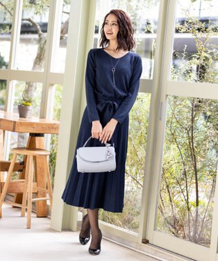 Tiaclasse L 【洗える】1枚で着映えするチェック柄編みニットワンピース ネイビー