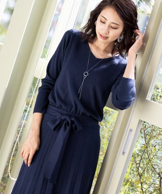 Tiaclasse L 【洗える】1枚で着映えするチェック柄編みニットワンピース ネイビー