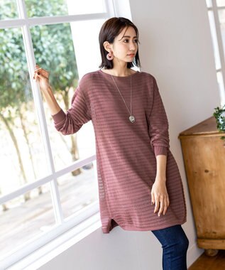 Tiaclasse 【洗える】体型カバーも叶う透け柄編みニットチュニックアンサンブル（2点セット） ダークピンク