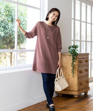 Tiaclasse 【洗える】体型カバーも叶う透け柄編みニットチュニックアンサンブル（2点セット） ダークピンク