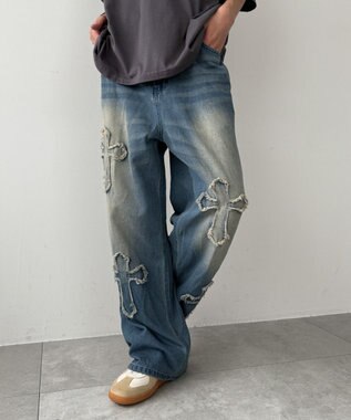 WEGO クロスモチーフオーバーダイバギーパンツ ブルー