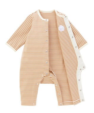 MIKI HOUSE HOT BISCUITS 【70-80cm】【Everyday Series】ワンポイント ボーダーカバーオール ベージュ