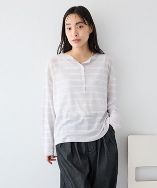 CRAFT STANDARD BOUTIQUE シアーボーダーヘンリーネックロンT Light Gray
