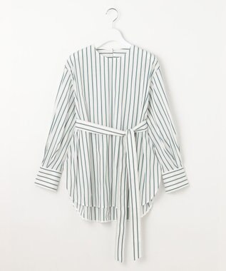 自由区 S 【洗える】SOMELOSチュニック ブラウス ボトルグリーンストライプ