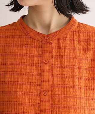 Green Parks シアーチェック７分袖シャツ Orange