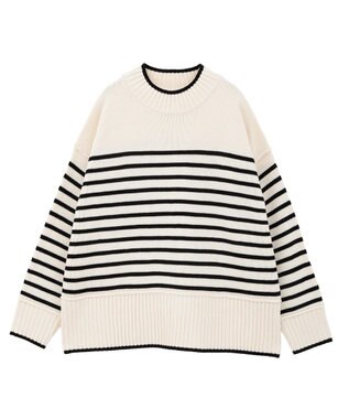 earth music&ecology 【毛玉防止 / 洗濯機洗い可】アンチピリングモックネックバックスリットニット Border Ivory