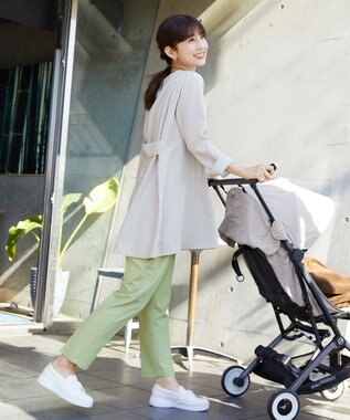 Tiaclasse L 【小倉優子さん着用・選べる袖TYPE・洗える】バックフレアチュニック 七分袖グレージュストライプ