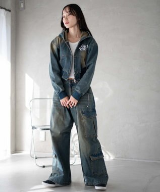 WEGO ヴィンテージウォッシュバギーカーゴパンツ デニム中濃加工色