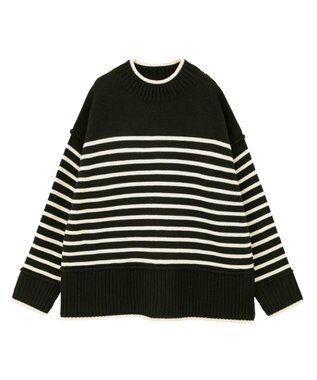 earth music&ecology 【毛玉防止 / 洗濯機洗い可】アンチピリングモックネックバックスリットニット Border Navy