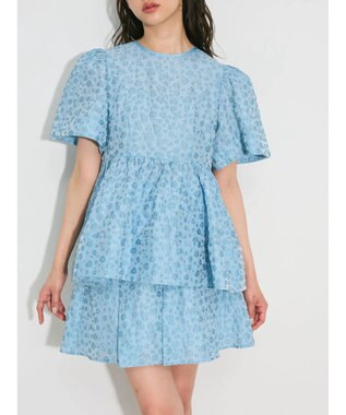 Green Parks パフスリーブジャガードペプラムブラウス Sax