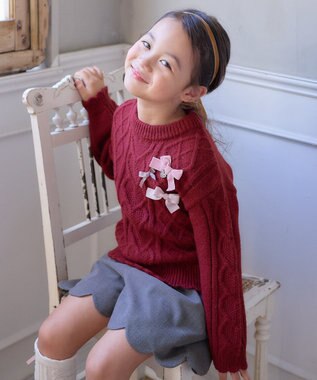 ANY KIDS リボン ケーブル ニット ワインレッド