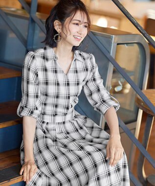 Tiaclasse L 【洗える】小顔効果も期待できるスキッパーシャツワンピース オフチェック